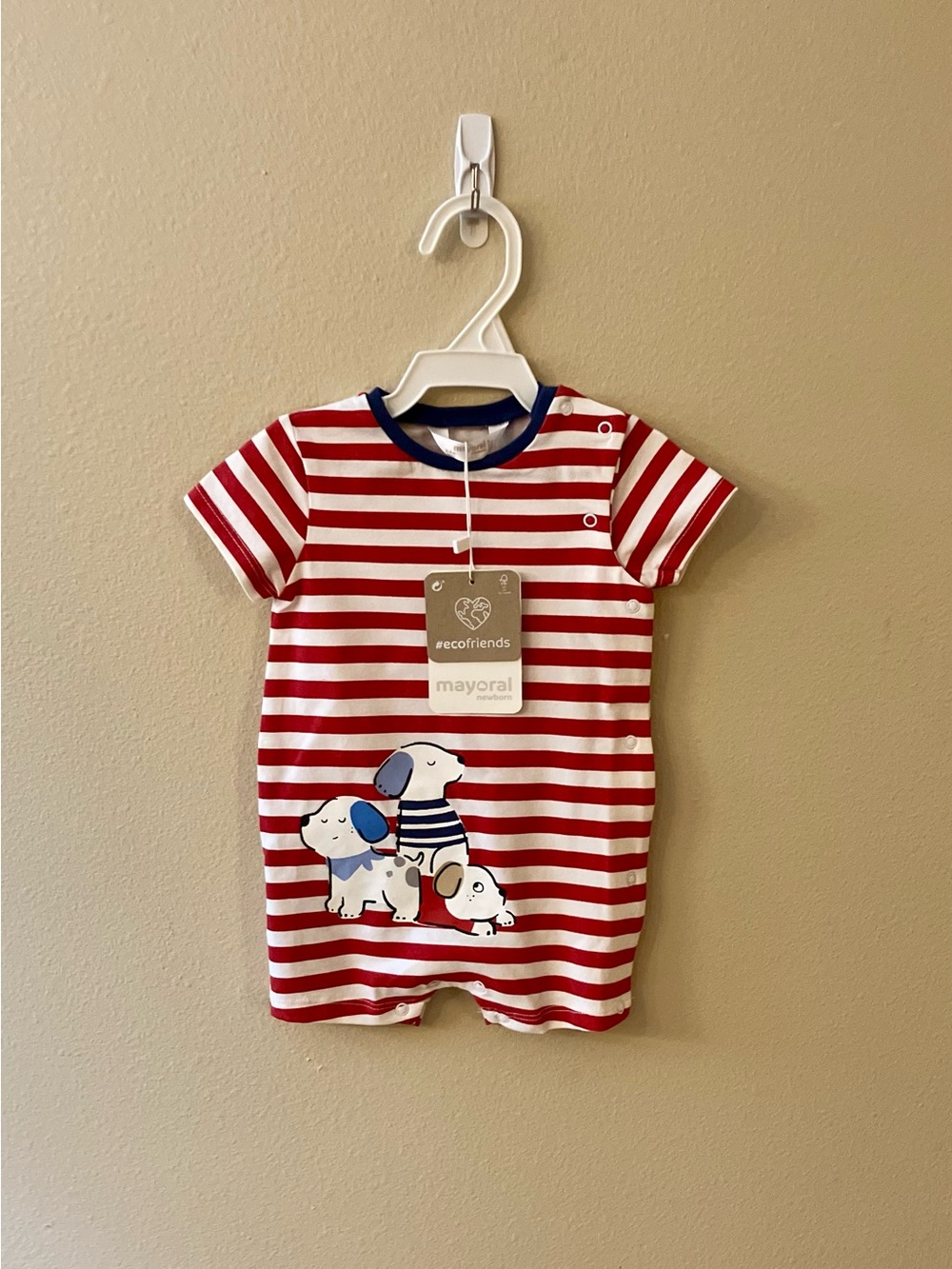 Mayoral Newborn Striped Dog Short Romper, Red/White/Navy - Size 2/4 Months (NWT)